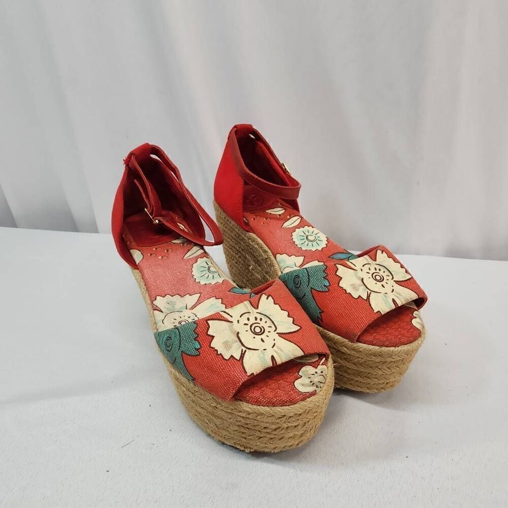 Tory Burch Size 9 Red Floral Raffia Wedge Sherri Espadrilles Sandals Q